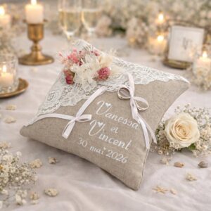 coussin de mariage en lin et fleurs sechees