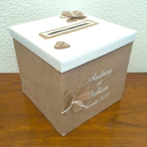 Grande tirelire de mariage personnalisée – Toile de jute & couvercle blanc