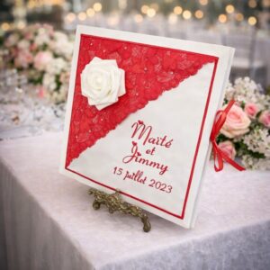 Livre d'or personnalisé avec dentelle rouge et rose blanche (ou autre)